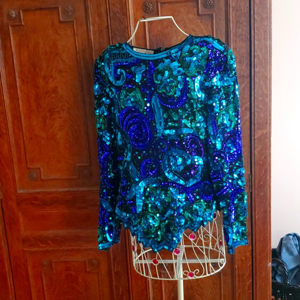 VINTAGE 90s Laurence Kazar sequined top L